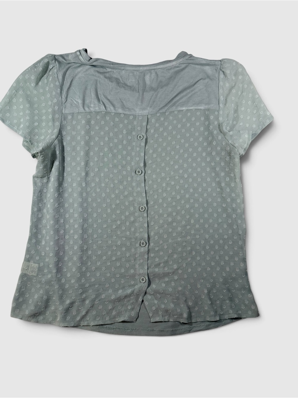 Skies Are Blue Women’s L Sage Green Swiss Dot Button Back Puff Sleeve Top